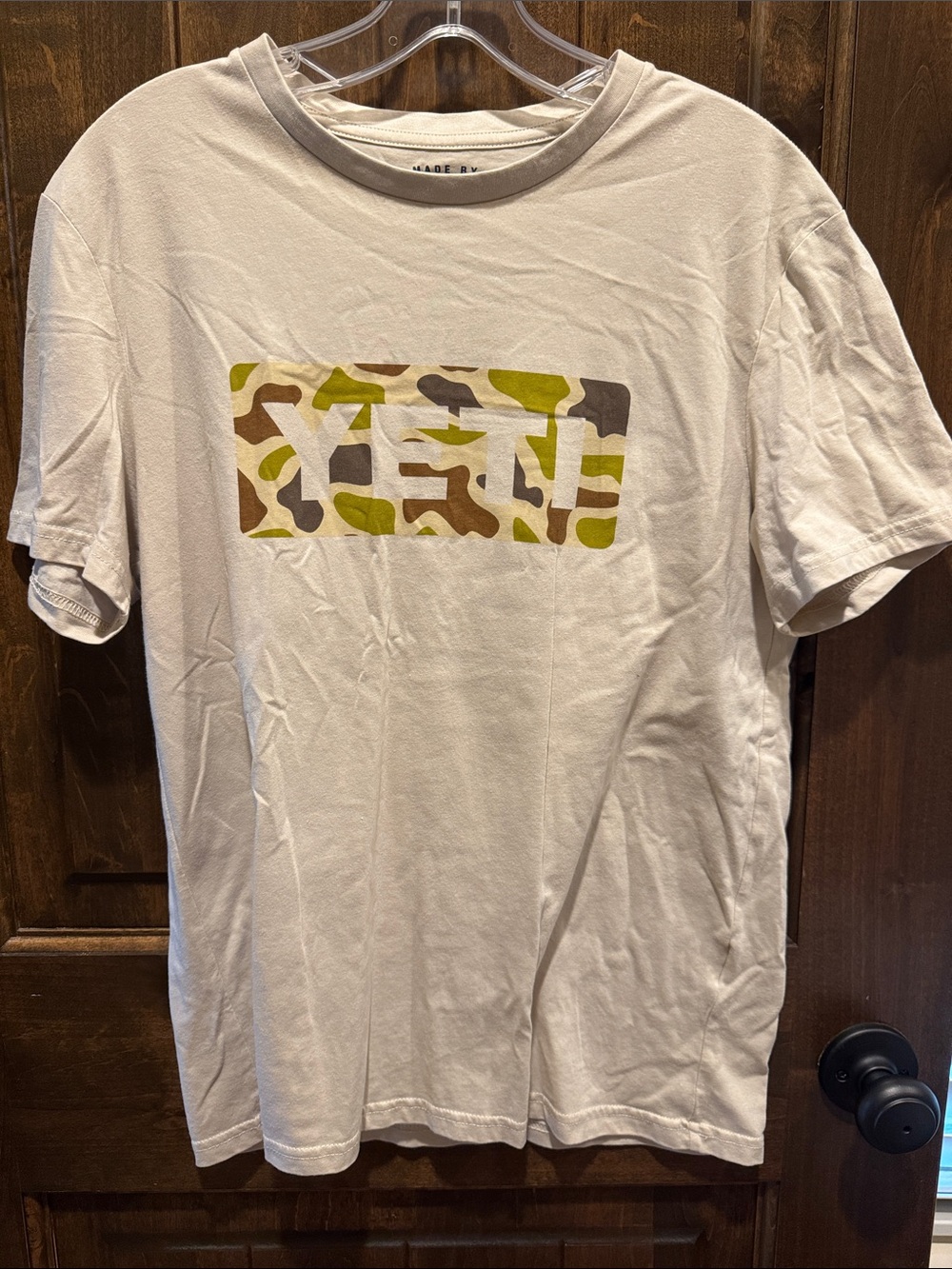 Yeti Cream Short-Sleeve Tee with Green/Brown Camo Logo